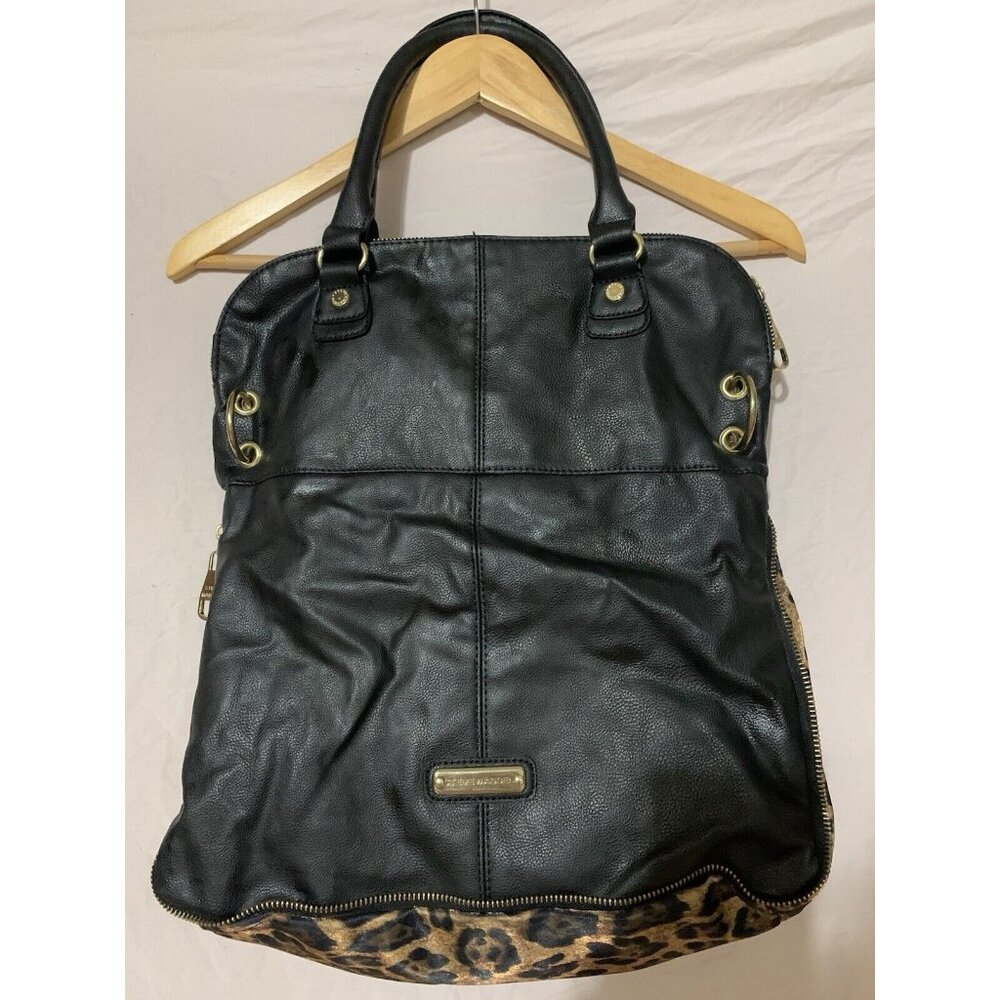 Steve Madden Large Purse Handles Black Expandable Leopard 15" x 14" Gold Hardwar